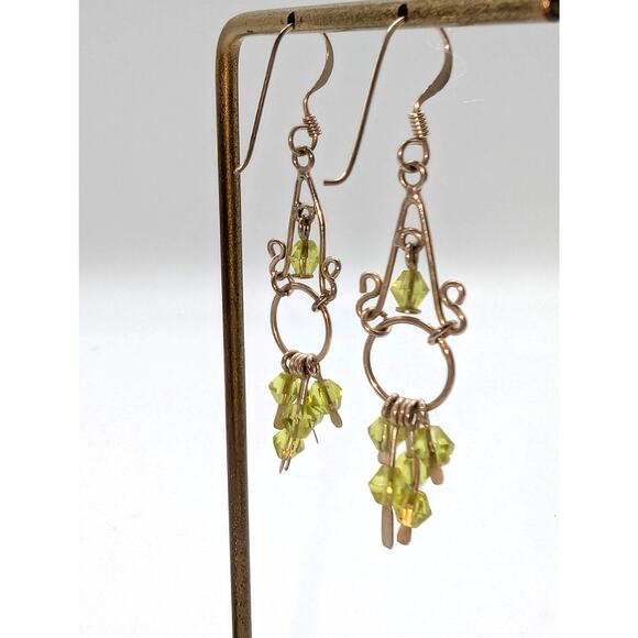 925 Sterling Silver Green Bead Dangle Wire Earrings - Picture 2 of 4